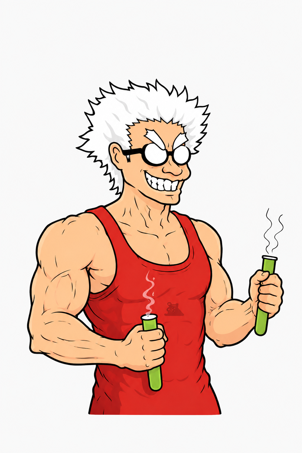 Mad scientist character holding green flasks